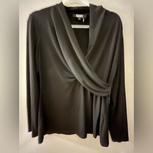 DKNY Black Draped Surplice Long-Sleeve Top
